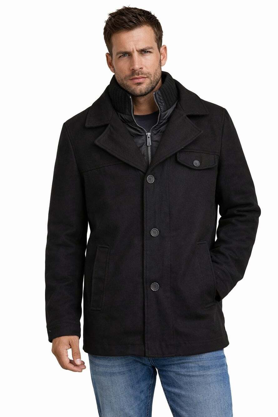 Buffalo Men's Button Front Zip Bib Chest Lapel Wool Coat Black Medium L100 Nice